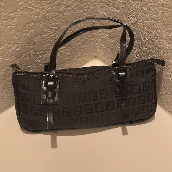 Fendi Zucca Rectangle Bag Black Zucchino Mini Bauletto Shoulder Purse Black Logo - Picture 1 of 14